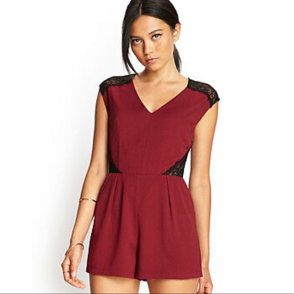 Red Romper with Black Lace Burgundy Wine Color Flirty